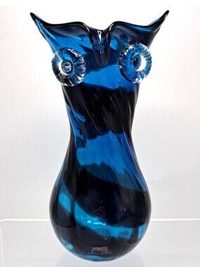 Murano Handblown Blue Black Art Glass Owl Vase Abstract Swirl Design